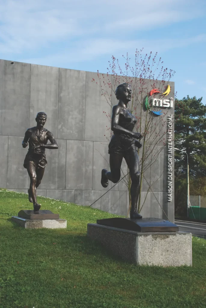 The building of Maison Du Sport International (MSI) and Statues of Athletes in front of it
